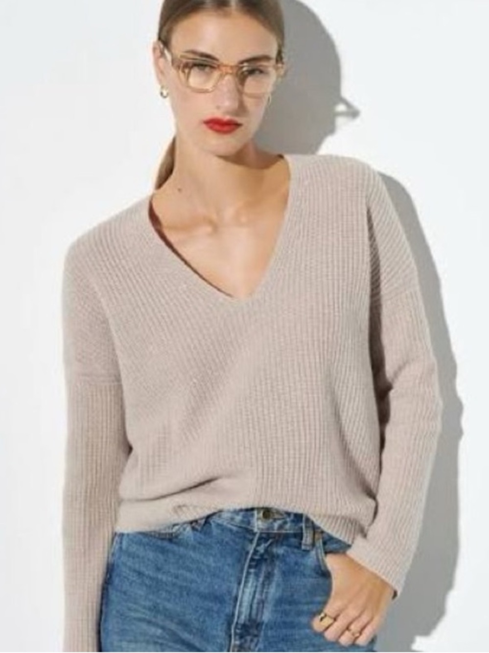 The Reset R Label Womens Sweater EUC Ribbed Wool/Cashmere VNeck Medium Nude Pink
